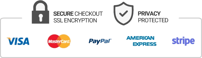 Secure checkout, SSL encryption, privacy protected. Visa, Mastercard, PayPal, American Express, Stripe.
